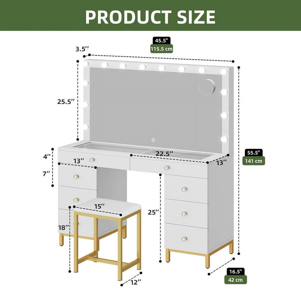 Uforic 55" Vanity Desk with Lighted Mirror & Power Outlet & 8 Drawers, Modern Makeup Vanity Table Set with Storage Stool, White