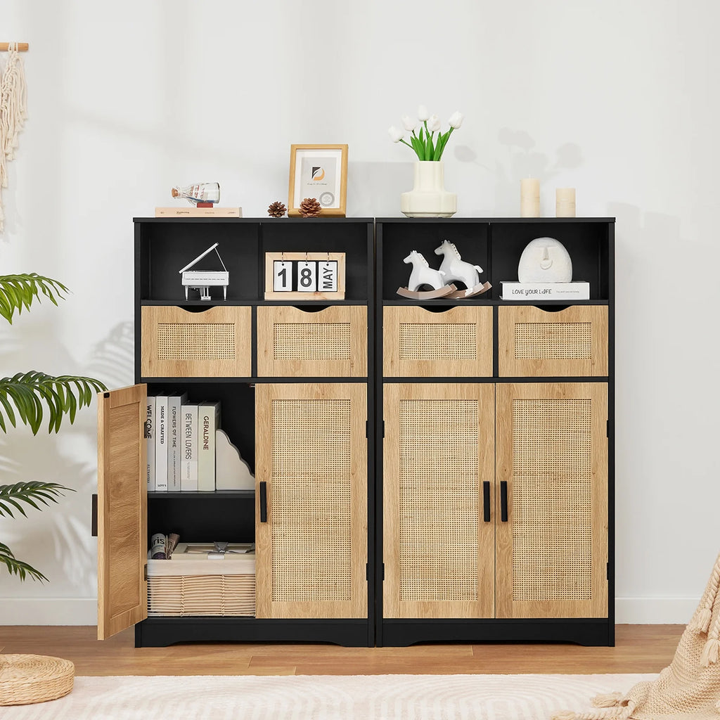 FANGSUM Rattan Storage Cabinet with 2 Drawers & 2 Shelves, Floor Cabinet for Living Room