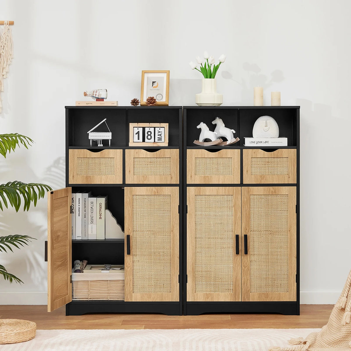 FANGSUM Rattan Storage Cabinet with 2 Drawers & 2 Shelves, Floor Cabinet for Living Room