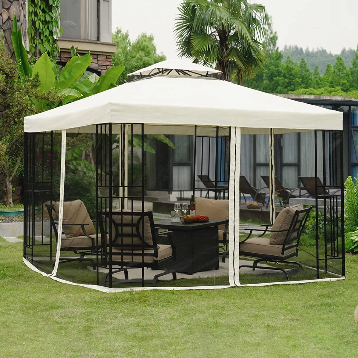 SIMENMAX 10x13 Ft Patio Gazebo,Outdoor Gazebo Canopy with Mosquito Netting and Curtains,Sturdy Soft Top Gazebo