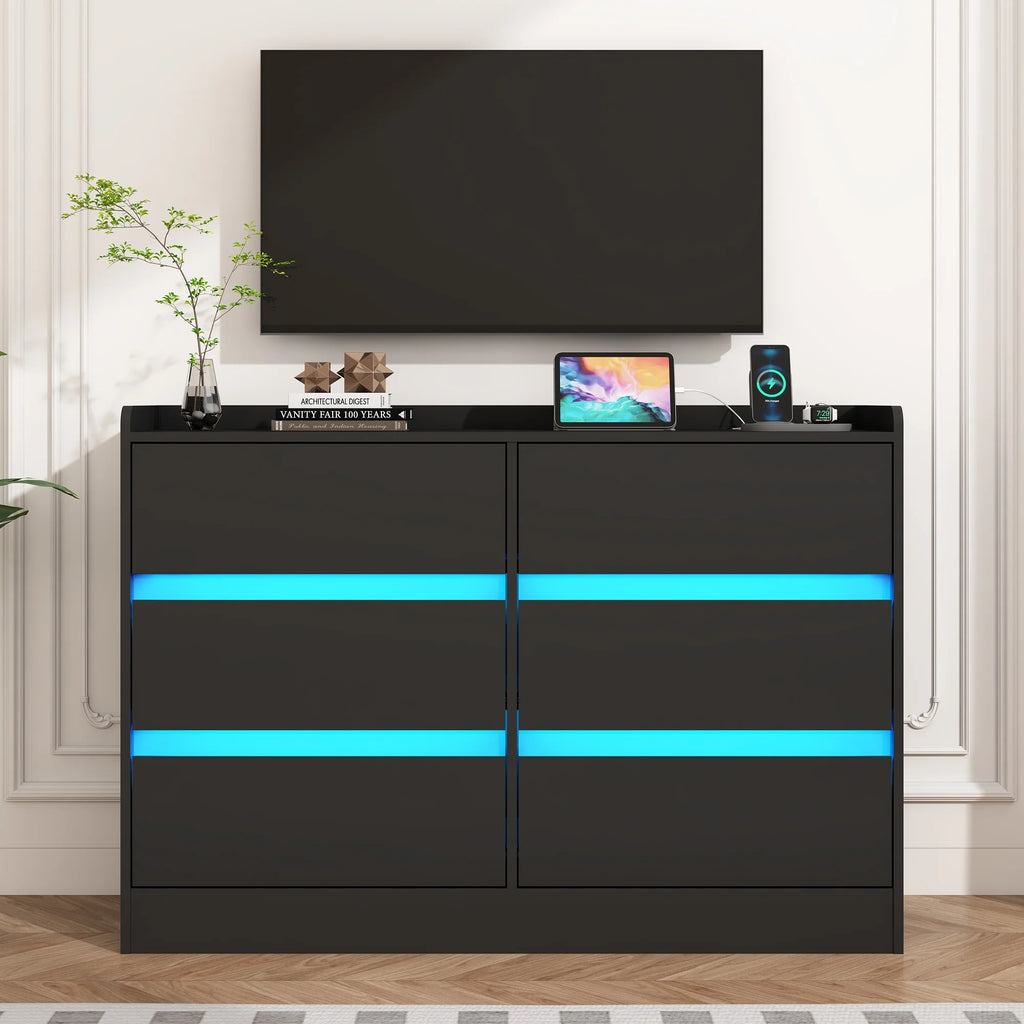 9 Drawer Dresser for Bedroom with Power Outlet, 63" Large Dresser with LED Light, Wooden Dresser For Closet, Chest of Drawers with Raised Edges