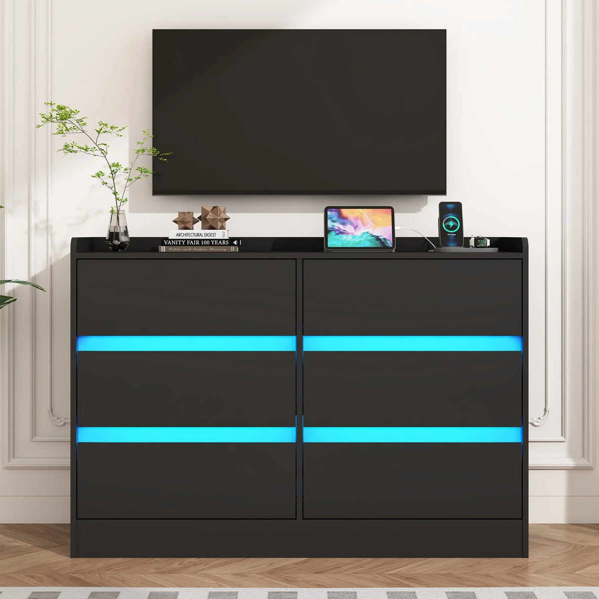 9 Drawer Dresser for Bedroom with Power Outlet, 63" Large Dresser with LED Light, Wooden Dresser For Closet, Chest of Drawers with Raised Edges
