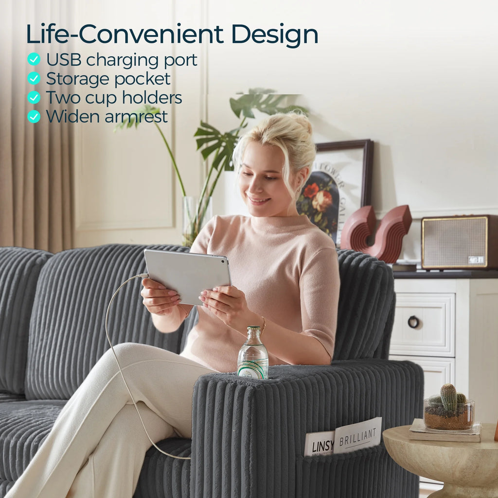 Linsy Home Plush Corduroy Pull Out Couch Chaise Lounge, Convertible Loveseat Sofa Couch With Usb & Cup Holder, Green