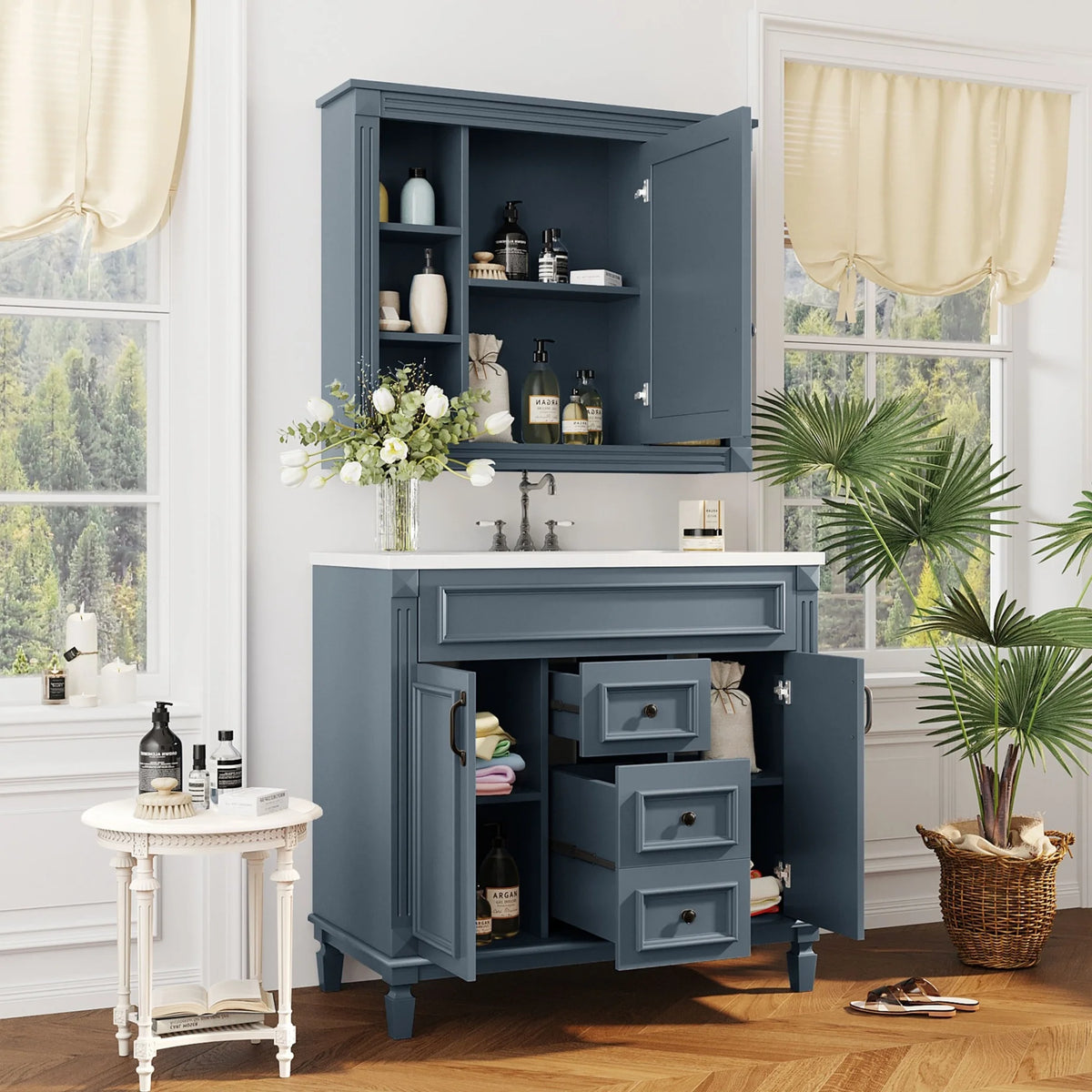 Modern Bathroom Cabinet Set with Top Sink,  Bathroom Vanity with Wall Mounted Bathroom Storage Cabinet, 2 Soft Closing Doors, 2 Drawers, Water-Resistant Paint, Grey
