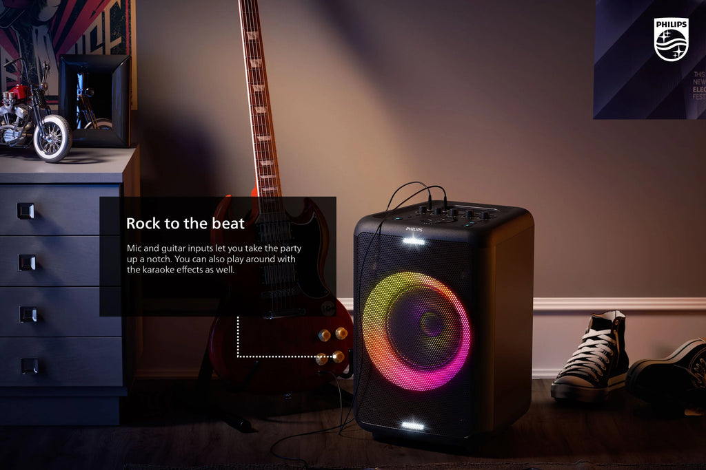 Philips X3206 Portable Bluetooth Party Speaker with Party Lights and Built-in Carry Handle, Medium Size, Black, TAX3206