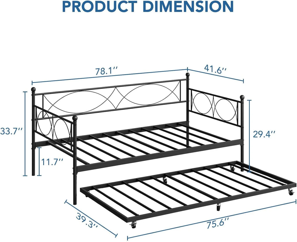 Senfot Twin Daybed with Trundle, Pull Out Trundle Day Bed, Twin Mattress Foundation with Metal Slats, Modern Sofa Bed for Living Room, Bedroom, and Guest Room, Black