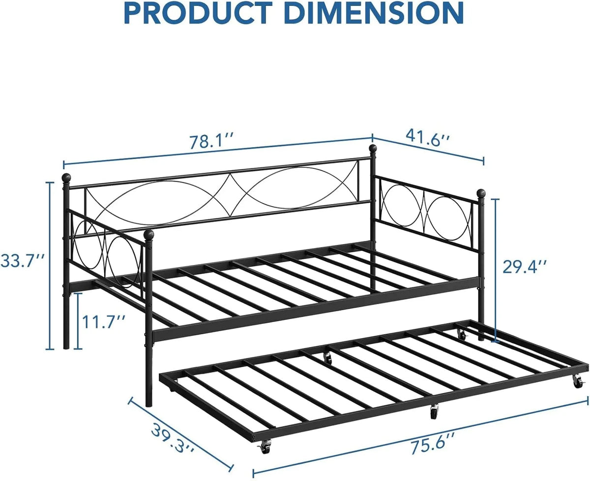 Senfot Twin Daybed with Trundle, Pull Out Trundle Day Bed, Twin Mattress Foundation with Metal Slats, Modern Sofa Bed for Living Room, Bedroom, and Guest Room, Black