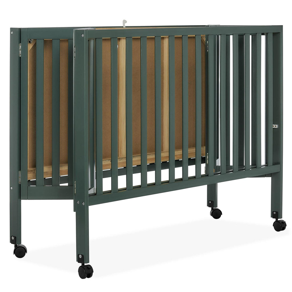 Dream On Me Quinn Full-Size Folding Crib. Removable Wheels. Modern Nursey. Adjustable Mattress Support. Patent Folding System in Olive