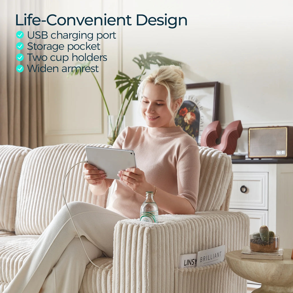 Linsy Home Plush Corduroy Pull Out Couch Chaise Lounge, Convertible Loveseat Sofa Couch With Usb & Cup Holder, Green