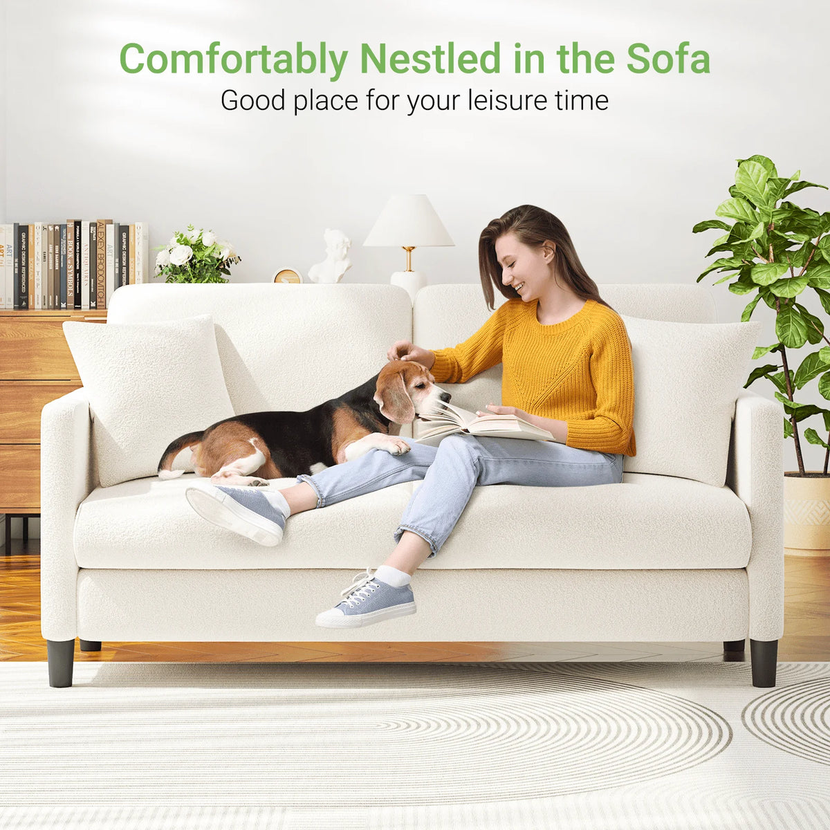 Loveseat Sofa,65" Comfy Teddy Fleece Love Seat Couch,Neche Extra Deep Seats Sofas,Tool-Free Setup Couch with 2 Pillows for Living Room,Coffee Brown