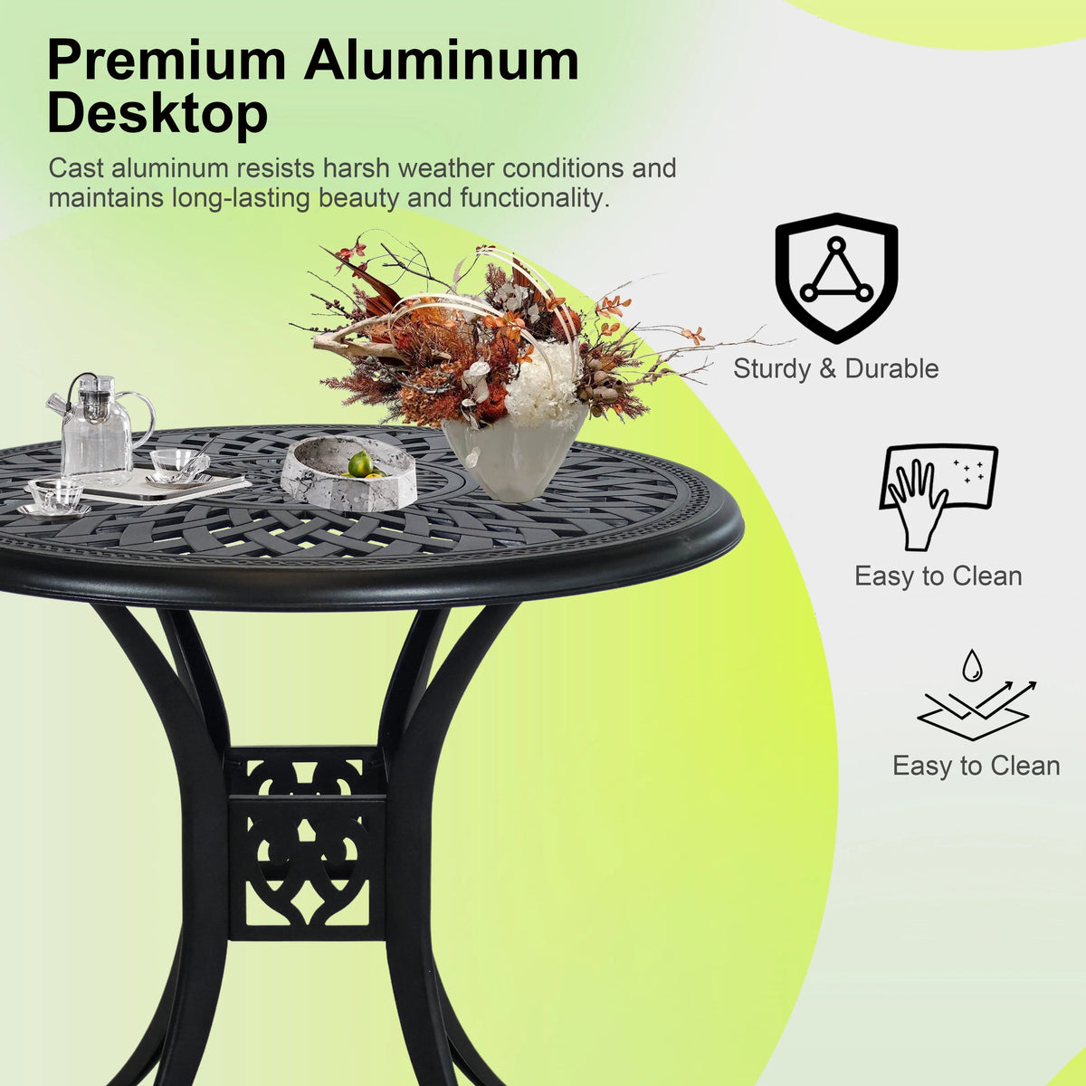 30.3 Inch Round Patio Table Cast Aluminum Patio Table,Metal Patio Dining Table with Umbrella Hole,All Weather Outdoor Bistro Dining Table for Backyard, Garden, Balcony, Black