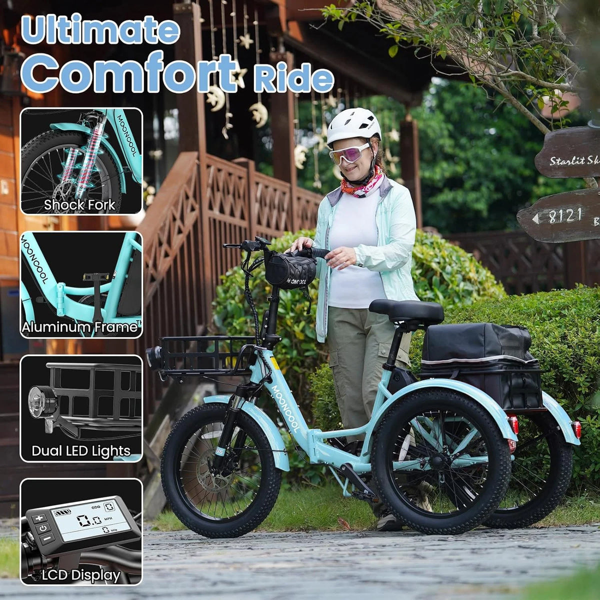 MOONCOOL TK1 Folding Electric Tricycle for Adults,48V 14.5Ah Removable battery, 500W��Peak 1000w��Motor, 20" Fat Tire Step-Thru 3Wheel Electric Bicycle w/Front&Rear Baskets, Certified to UL 2849 by SGS