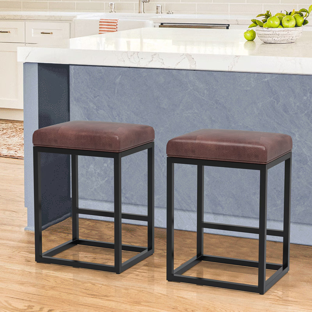 Nathaniel Home 24 Inch Bar Stools Set of 2, Modern PU Leather Metal Barstool, Backless Kitchen Dining Cafe Stool, Upholstered Bar Stool with Footrest, Gray