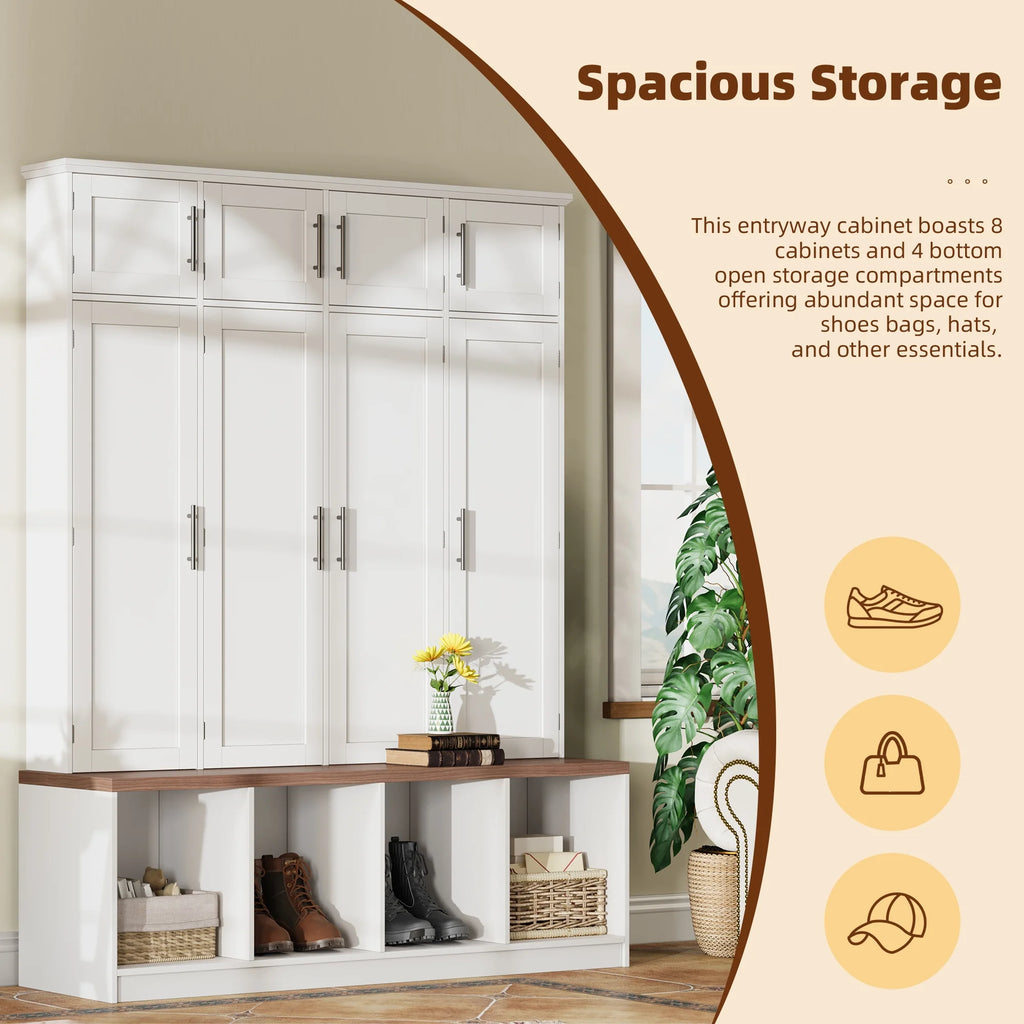 Euroco Entryway Hall Tree with Bench, Shoe Storage, Coat Hooks & Cabinets �C Walnut Finish, Anti-Tip Design, Modern Mudroom Organizer