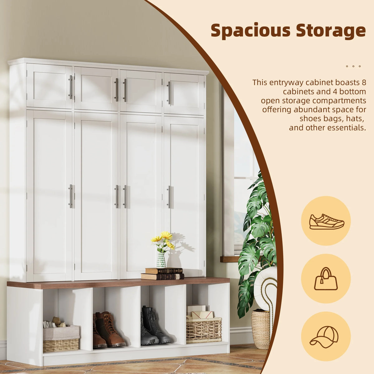 Euroco Entryway Hall Tree with Bench, Shoe Storage, Coat Hooks & Cabinets �C Walnut Finish, Anti-Tip Design, Modern Mudroom Organizer