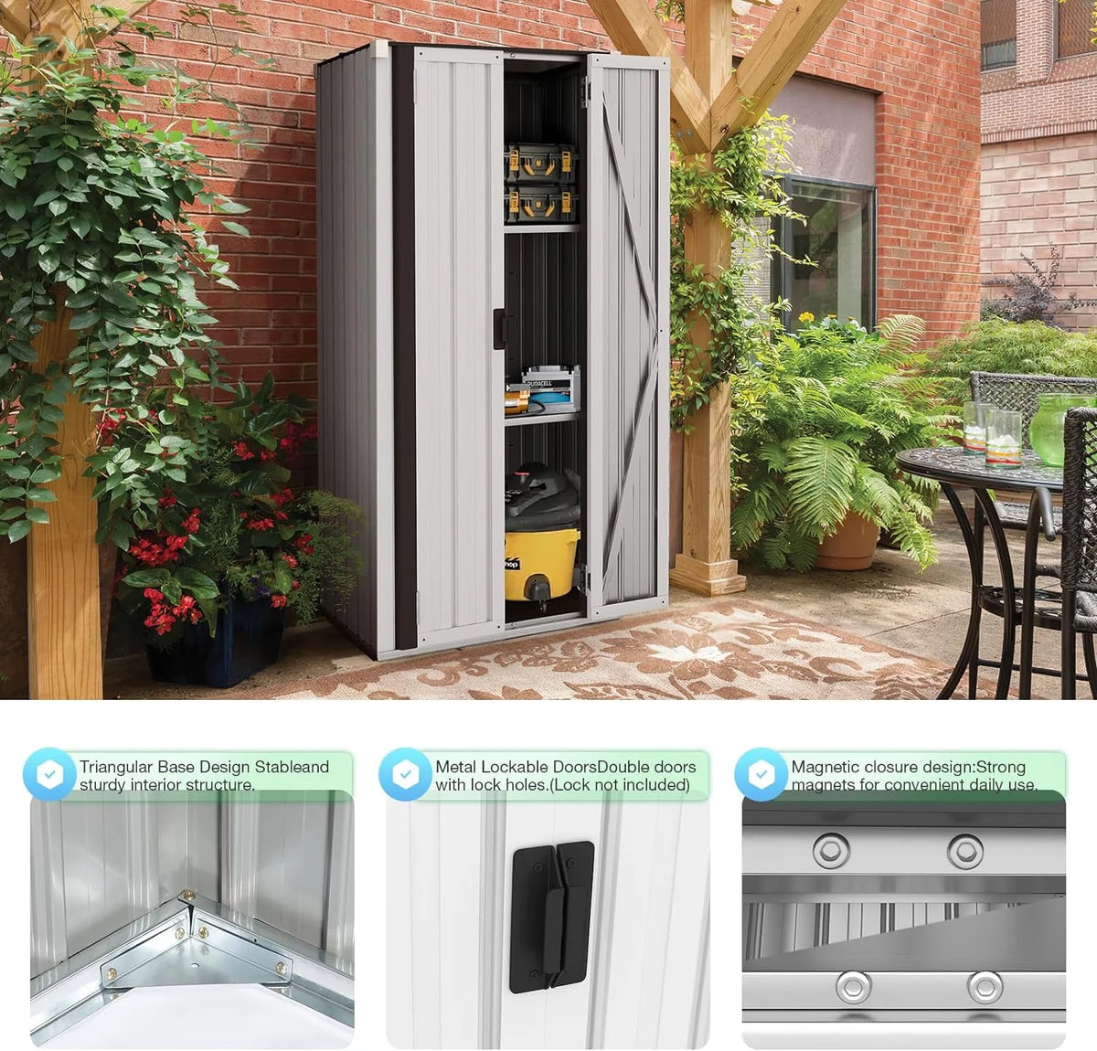 AECOJOY Outdoor Storage Cabinet Waterproof with Adjustable Shelves, Lockable Metal Outdoor Garden Storage Sheds Organizer in Brown, Versatile for Garage, Backyard, or Indoor Use