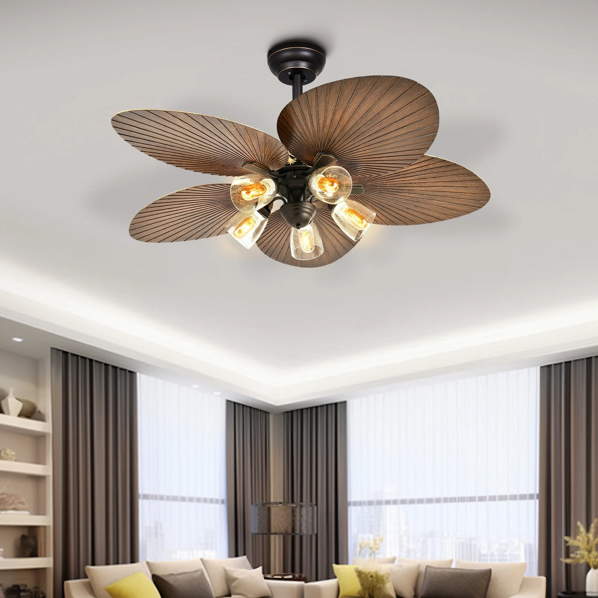 52 Inch Tropical Ceiling Fans with Light and Remote, Fan Light with Memory Function, 3 Speed & Lights Colors Changing, Outdoor Palm Leaf Fan - Brown
