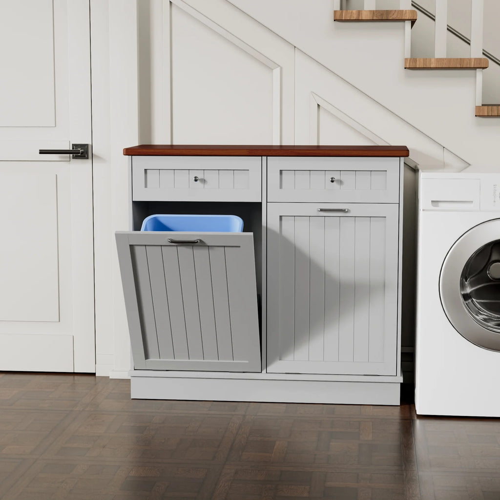 GETYES Double Tilt Out Trash Cabinet, Wooden Recycling Cabinet, 35.83 x 12.99 x 39.37 inches, White