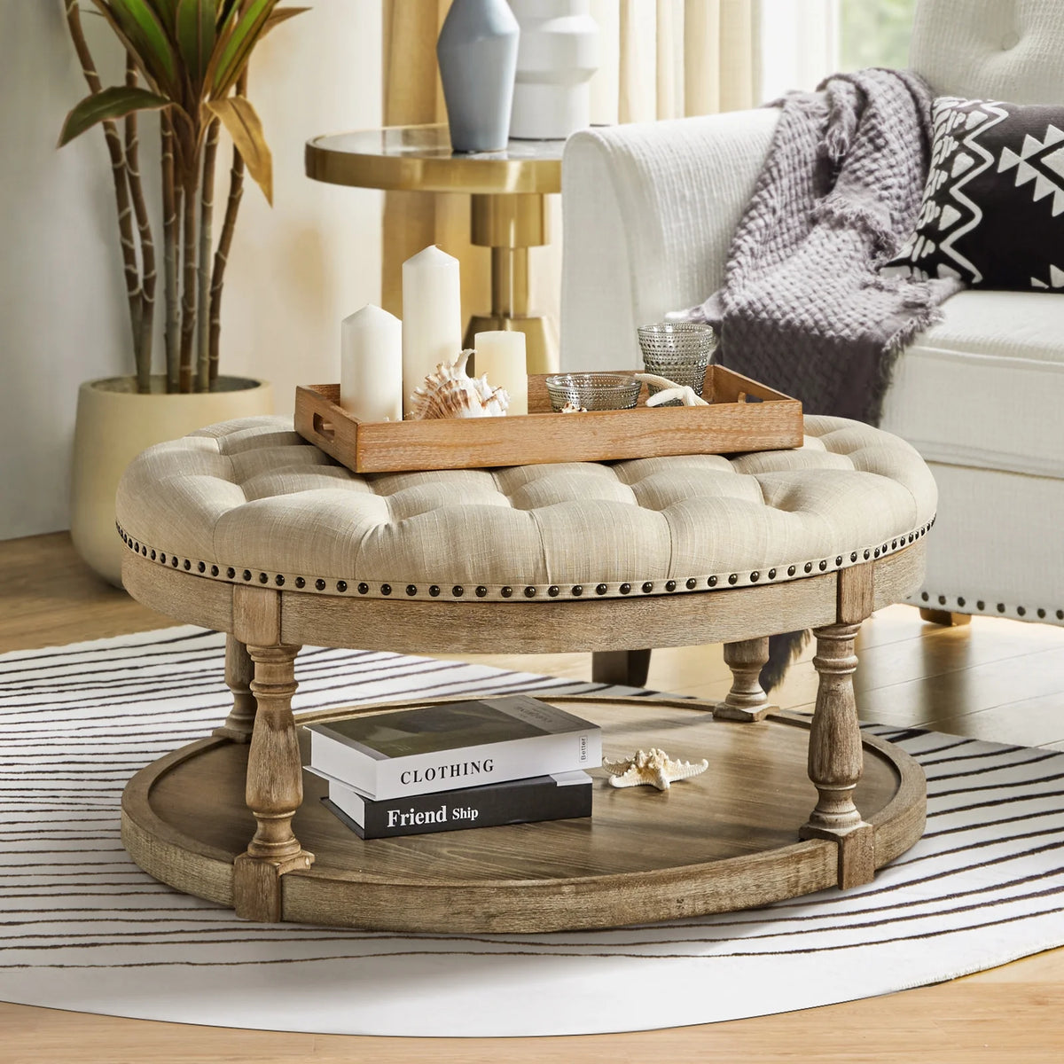 36'' Wide Blue Round Large Ottoman Tufted Coffee Table with Storage Wood Legs Home Living Room