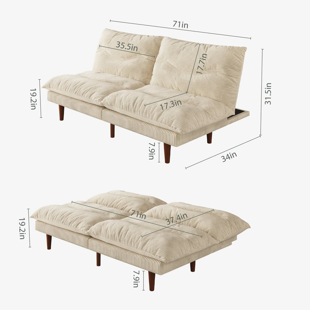 LLappuil 71" Corduroy Futon Convertible Sofa Bed, Loveseat Sleeper Sofa Couch for Living Room Apartment Beige