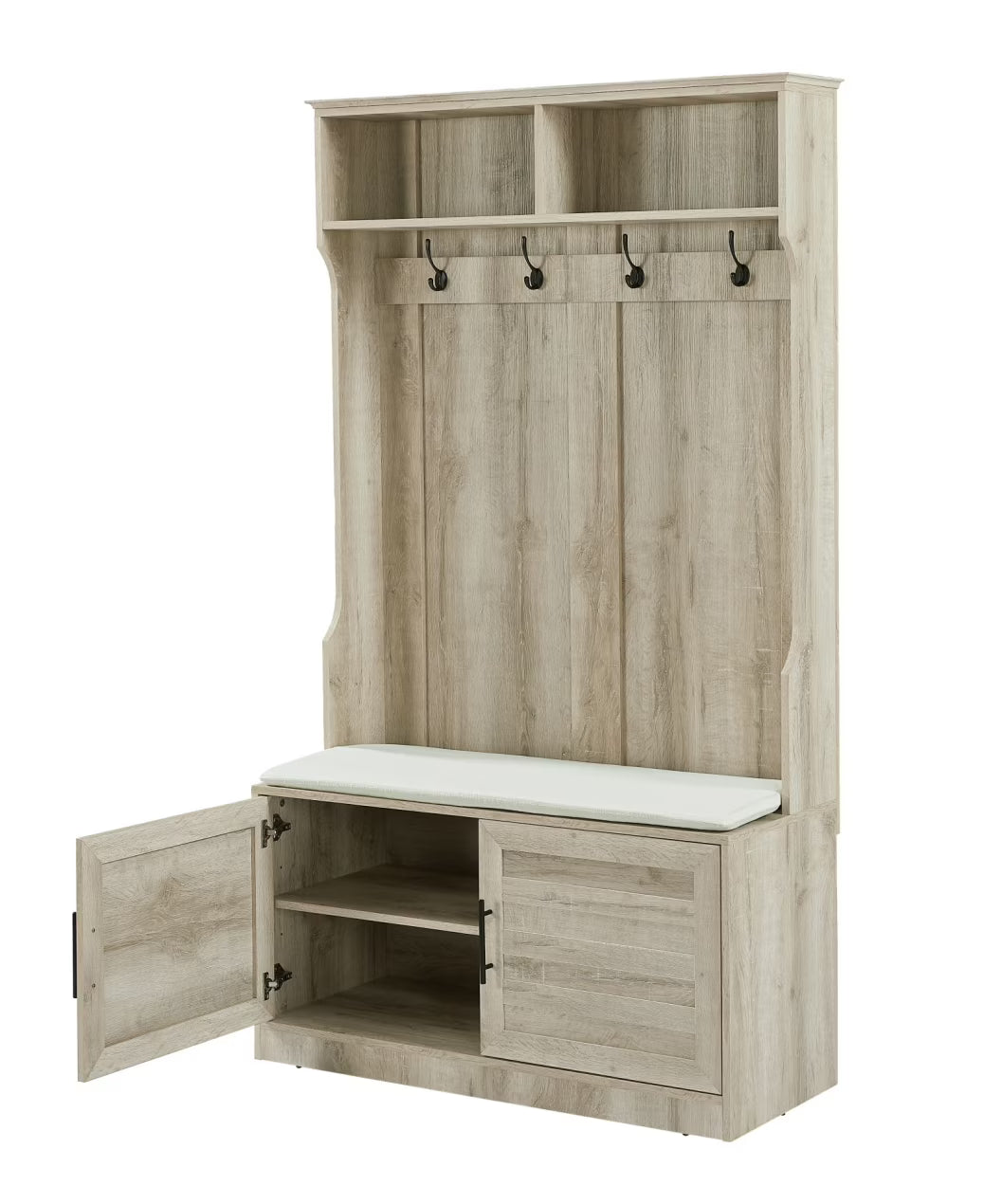 Entryway Hall Tree with Storage Bench, Wooden Coat Rack with Sponge Pad and 4 Dual Hooks, Storage Shelf Organizer with 2-Door Cabinet for Entryway, Bedroom, Easy to Assemble