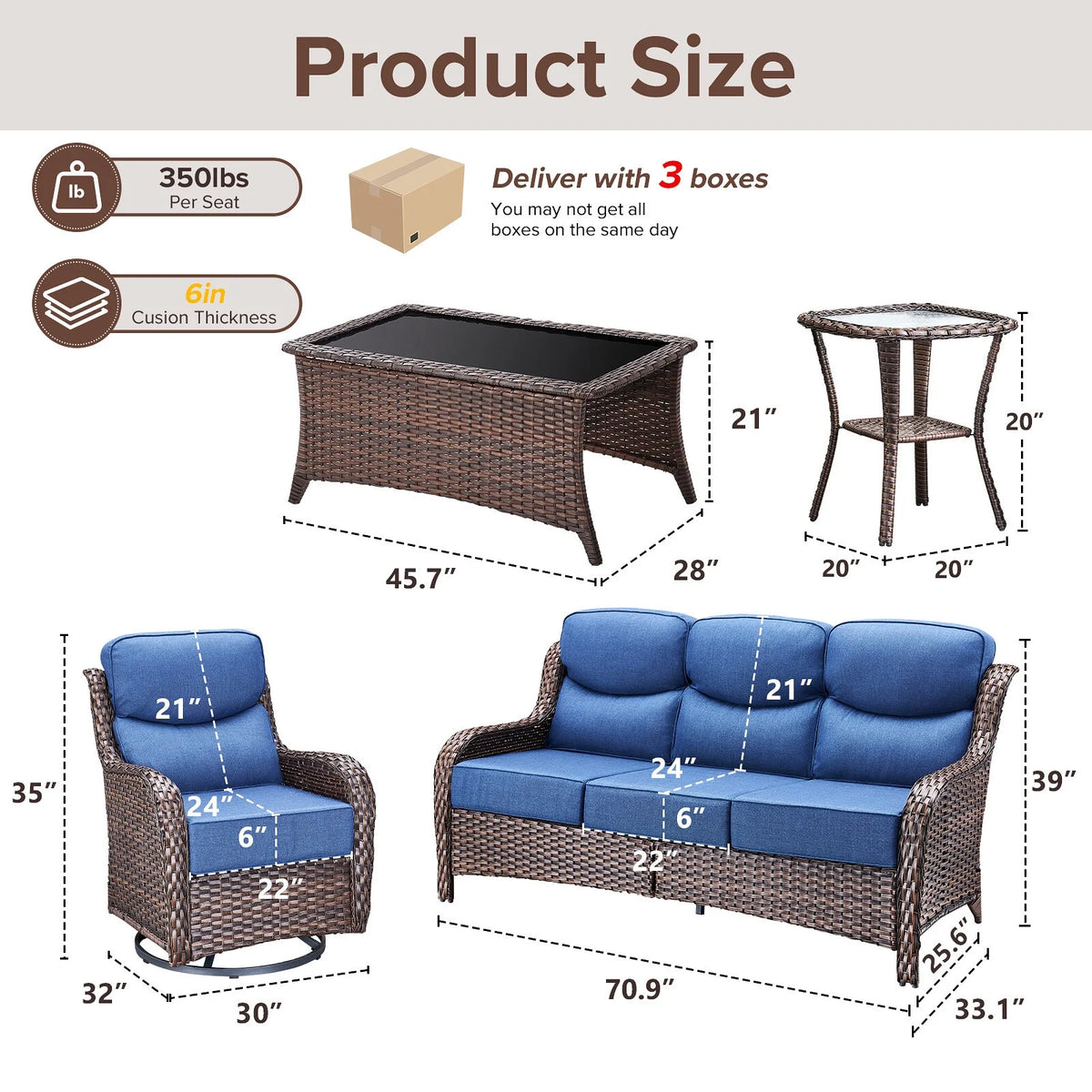 Bellefurn Luxury Outdoor Patio Furniture Set,Swivel Rocker Patio Chairs with 6-inch Thick Cushion,Patio Sofa and Glass Coffee Table,Outdoor Conversation Set for Porch, Deck, Yard