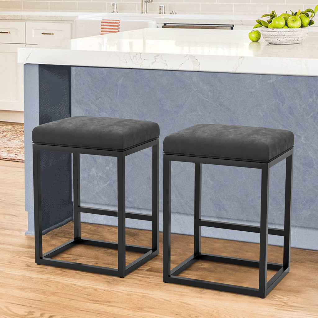 Nathaniel Home 24 Inch Bar Stools Set of 2, Modern PU Leather Metal Barstool, Backless Kitchen Dining Cafe Stool, Upholstered Bar Stool with Footrest, Gray