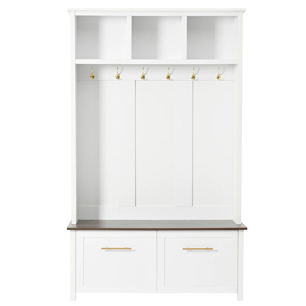 Harper & Bright Designs Farmhouse Hall Tree with Bench and Shoe Storage, Mudroom Bench with Coat Rack and Adjustable Shelves for Hallway, Living Room, White