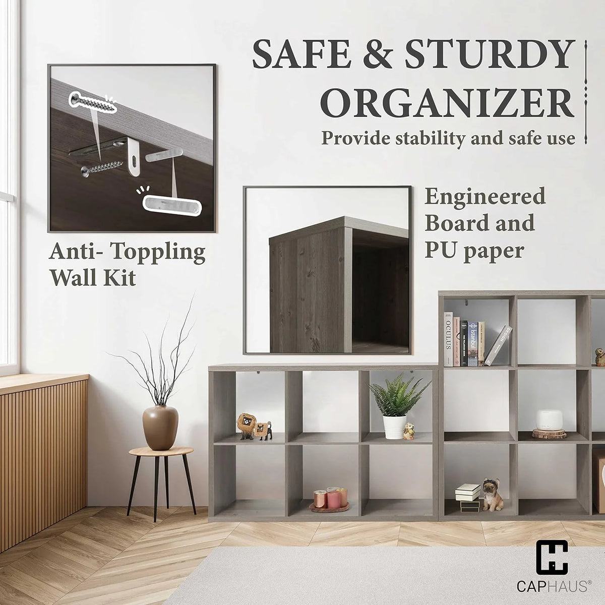CAPHAUS Sturdy Room 13-Inch Cube Storage Organizer Shelf, with Extra Thick Exterior Edge, Open Storage Shelf Divider, Bookcase, 8-Cube, White