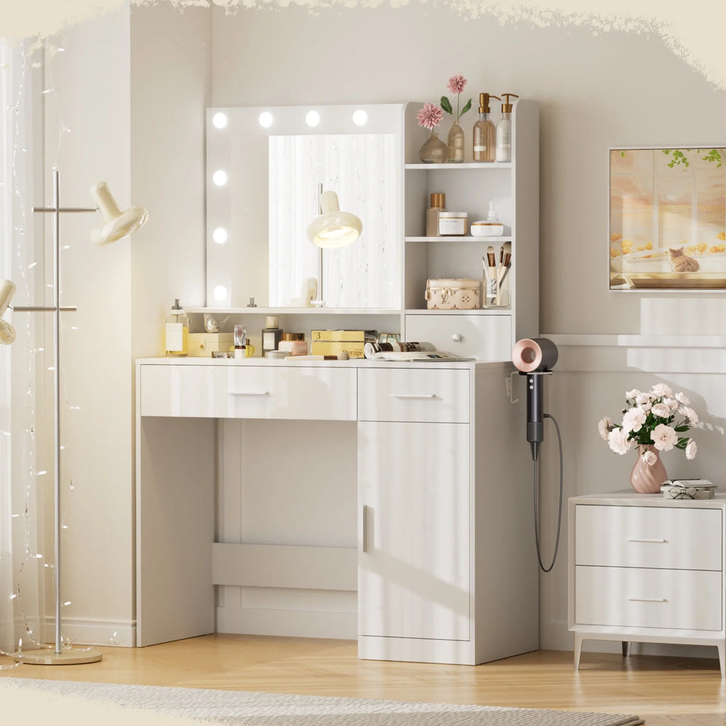 MCQ Dressing Table with Mirror and Light, Adjustable Brightness Dressing Table with Drawers and Storage Shelves, White