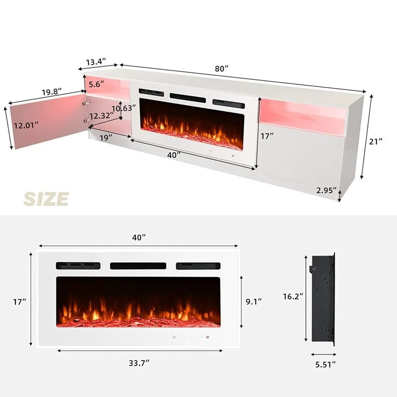 Erommy  70" Fireplace TV Stand with 36" Electric Fireplace White 80''