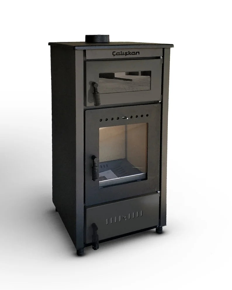 Wood Burning Stove, Superior Cast Iron, Black Modern Indoor Winter Heater, Cooking with Oven, High Efficiency