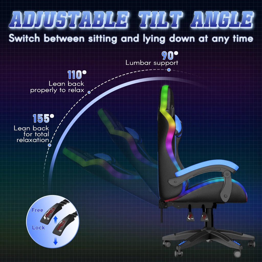 Bigzzia Gaming Chair with LED Lights Ergonomic Office Chair for Adults and Kids - Adjustable Height, 360�� Swivel, Headrest Support, Mesh PU Leather, Black & Green
