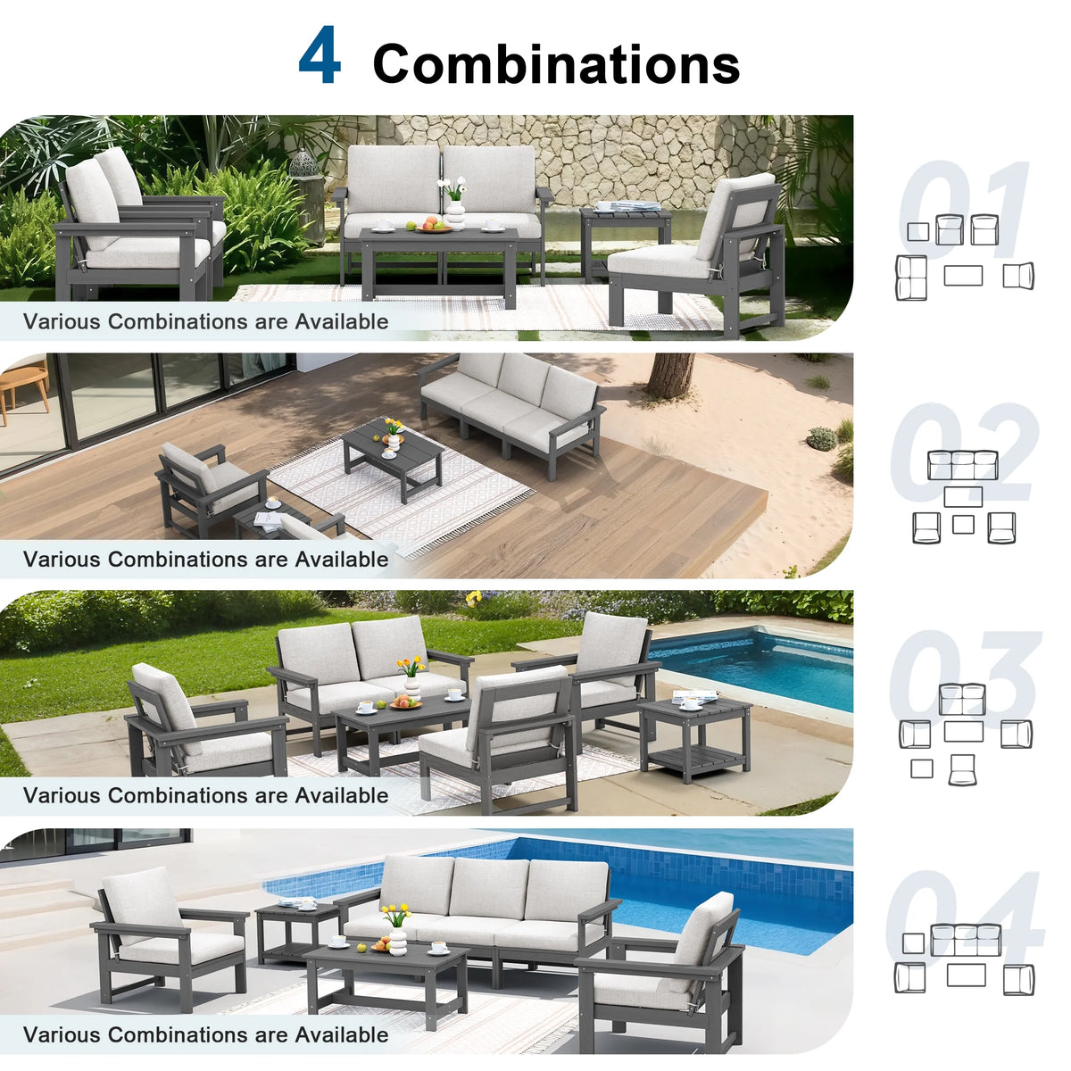 SERWALL Outdoor Patio Furniture Set, 7-Piece HDPE Outdoor Sofa Set Patio Conversation Set, Black Frame with Beige Cushions