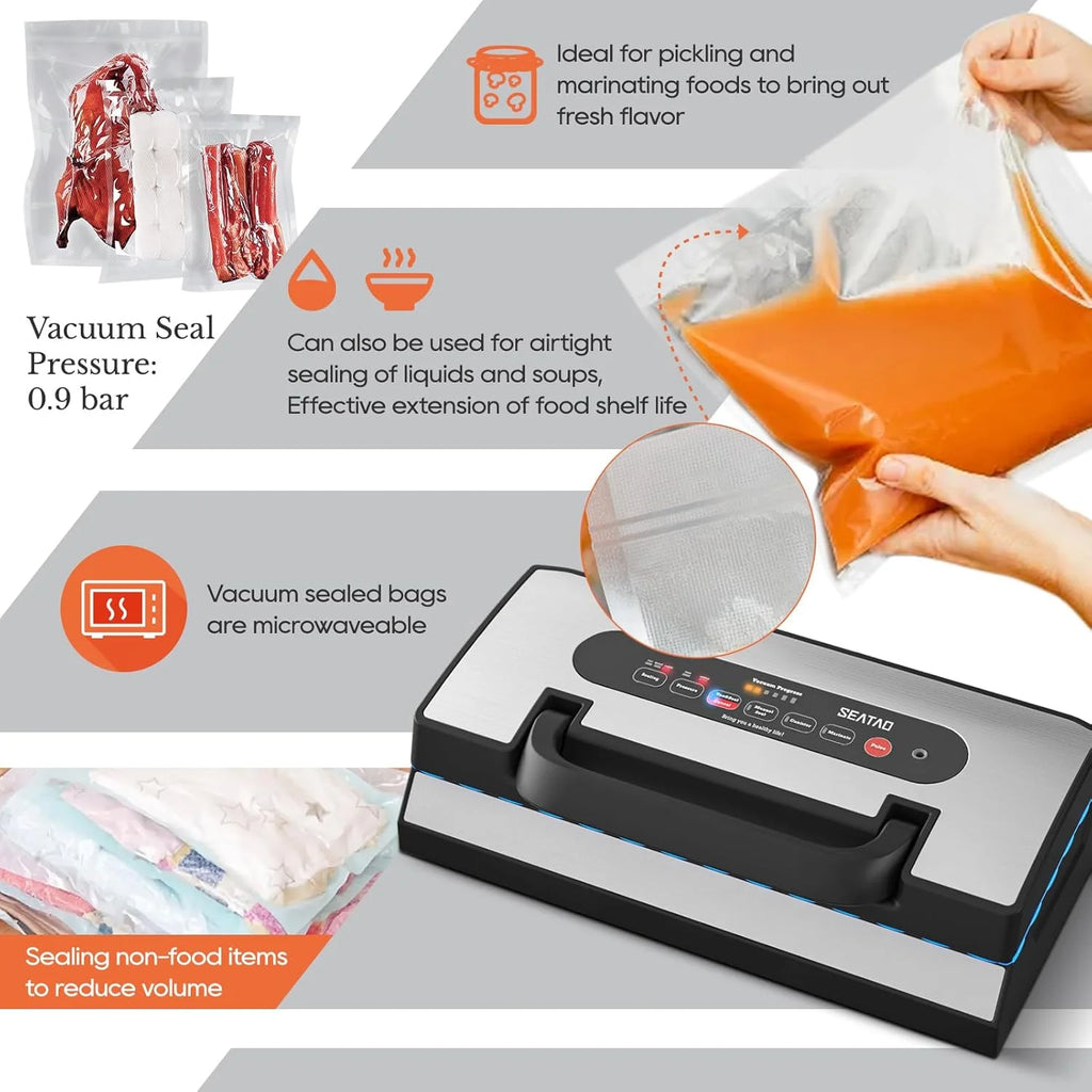 Upgraded Vacuum Sealer for Liquid, 90Kpa Vacuum Sealer Machine for Dry/Moist/Liquid Food, Easy-Lock Handle, Double Heat Seal, Built-in Cutter and Bag Storage & Removable Drip Tray
