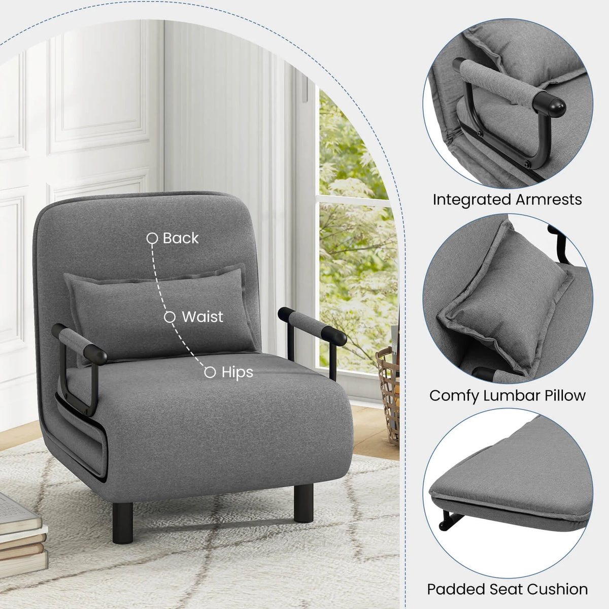 Costway 3-in-1 Convertible Sofa Bed with 5-Position Adjustable Backrest & Lumbar Pillow Brown