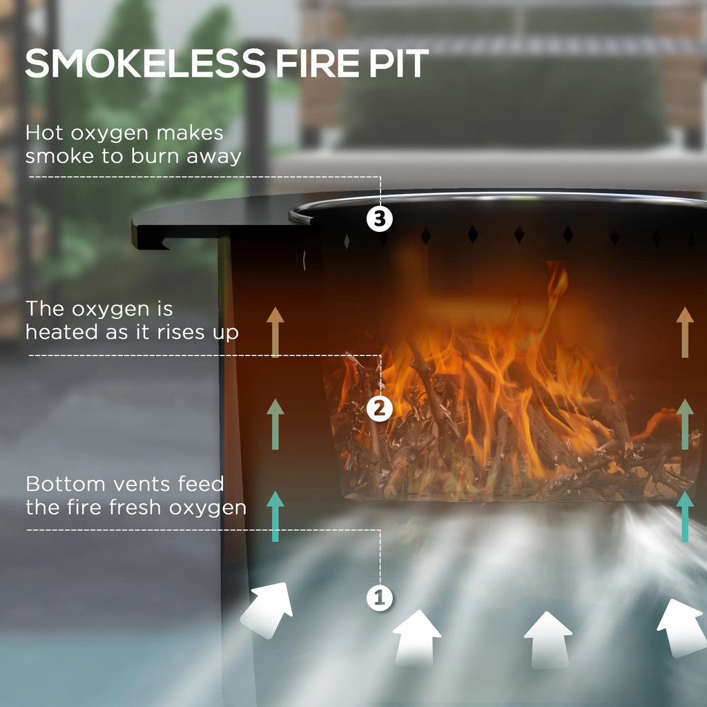 Outsunny 25" Smokeless Fire Pit, 2-in-1 Stainless Steel Firepit with Grill, Portable Wood Burning Fireplace with Poker and Ash Tray, Black