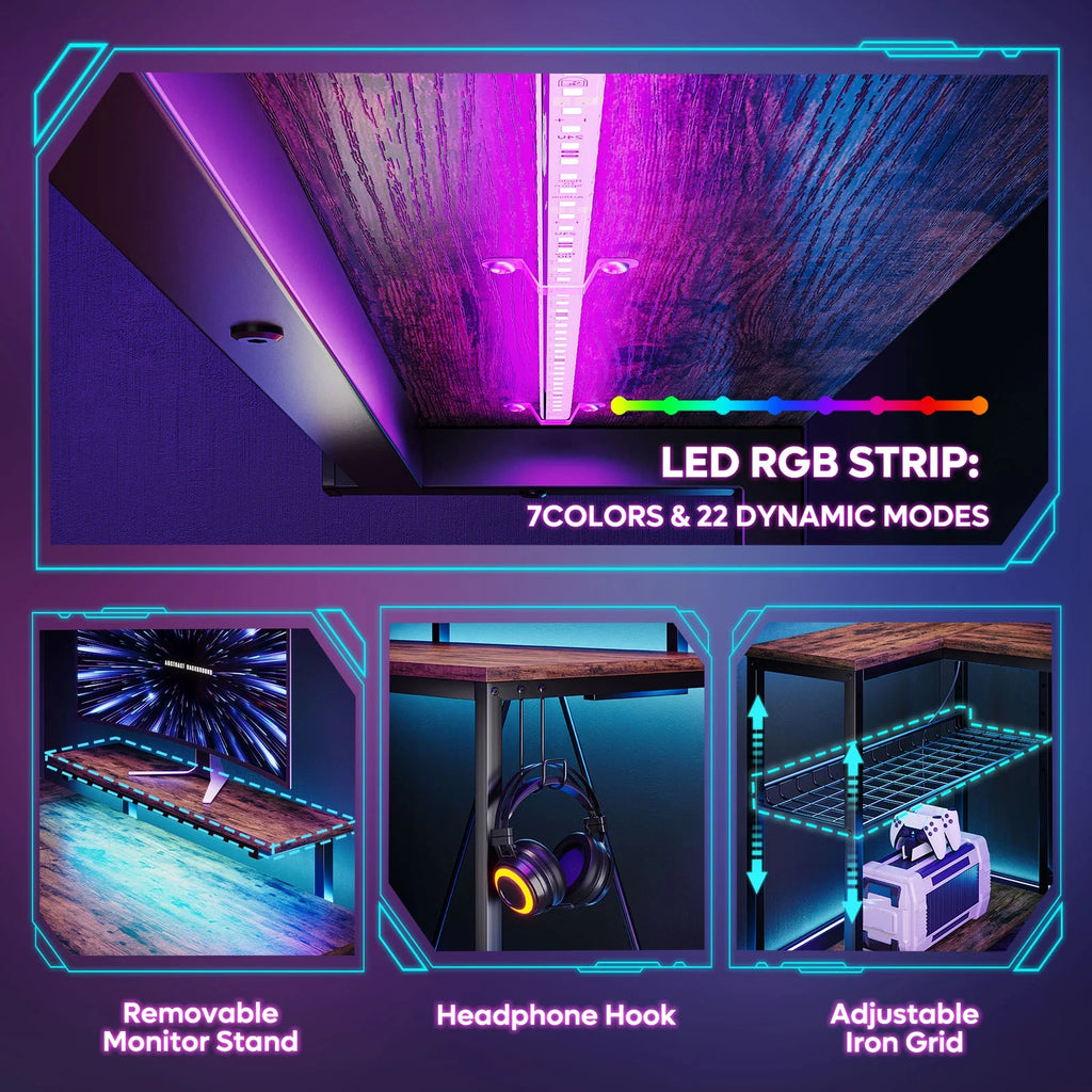 Bestier 52" Gaming Desk with LED Lights L Shaped Desk with Power Outlet & Monitor Stand Corner Computer Desk in Carbon Fiber
