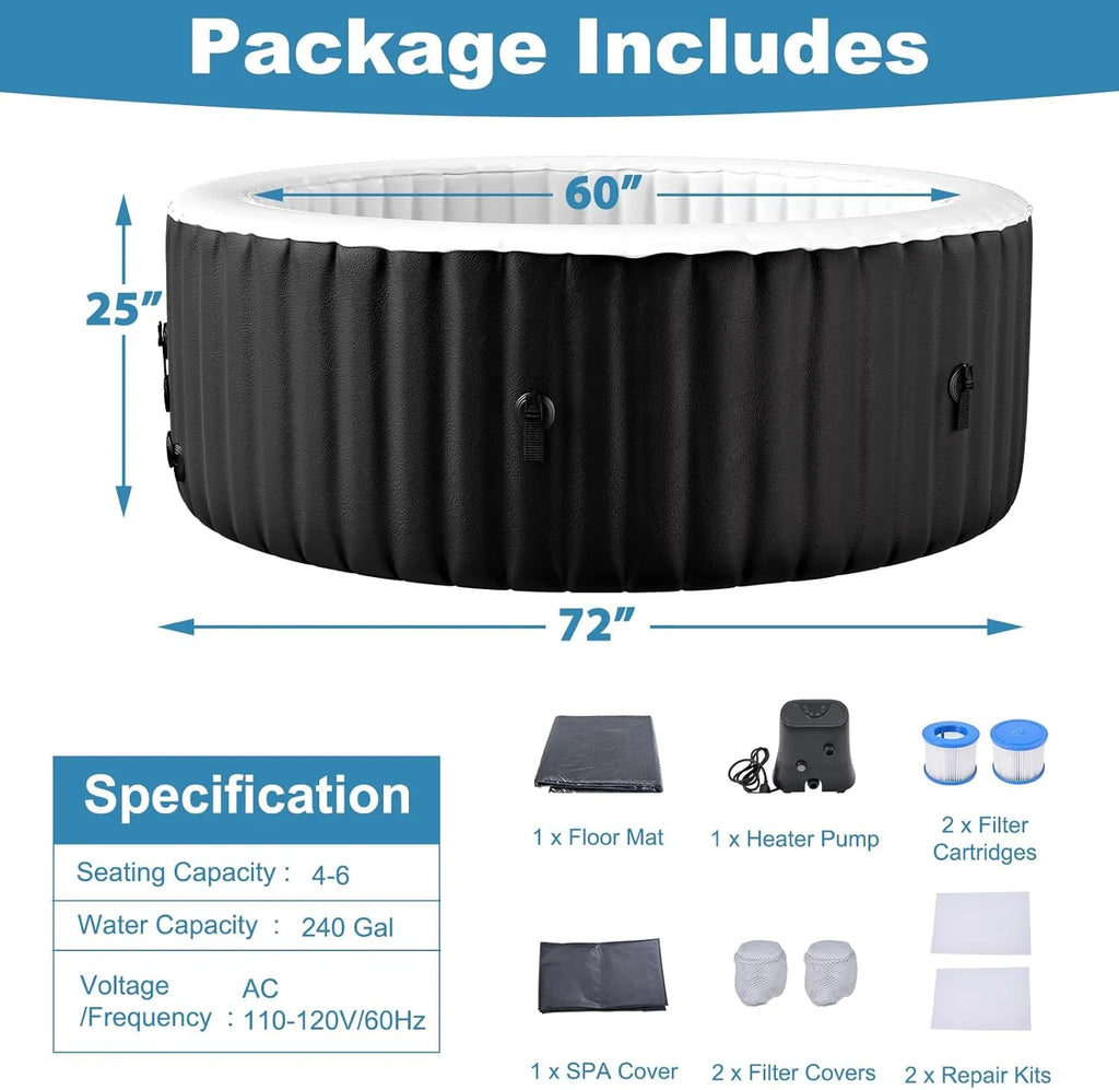 73 inch Outdoor Inflatable Hot Tub with 130 Bubble Air Jets, 4-6 Person Square Portable Hottub Spa with LED Control Panel, Blow Up Spa Bathtub with 2 Filter, Temperature up to 104��F