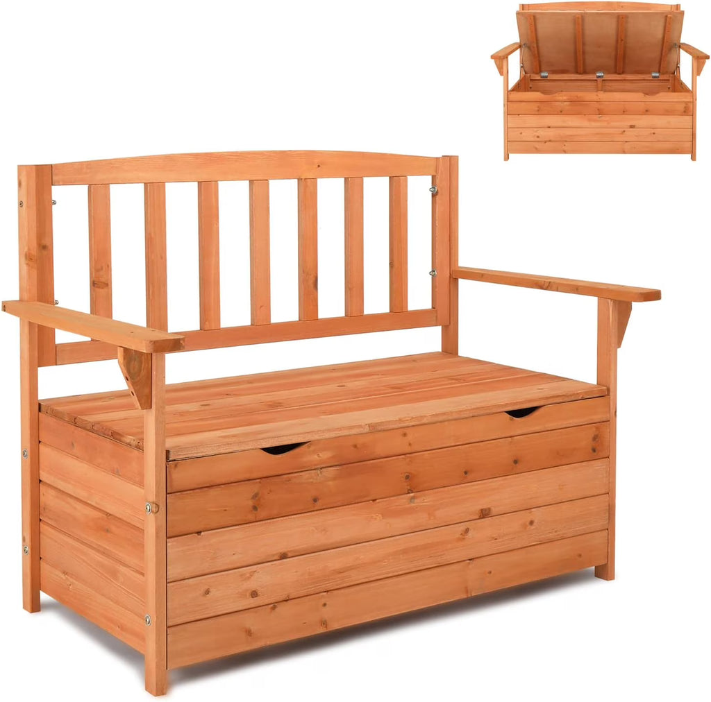 Outvita Outdoor Wood Storage Bench, Wooden Large Deck Box with Seating & Armrest, Waterproof Patio Organizer Loveseat for Garden Porch Deck Backyard Poolside, Natural