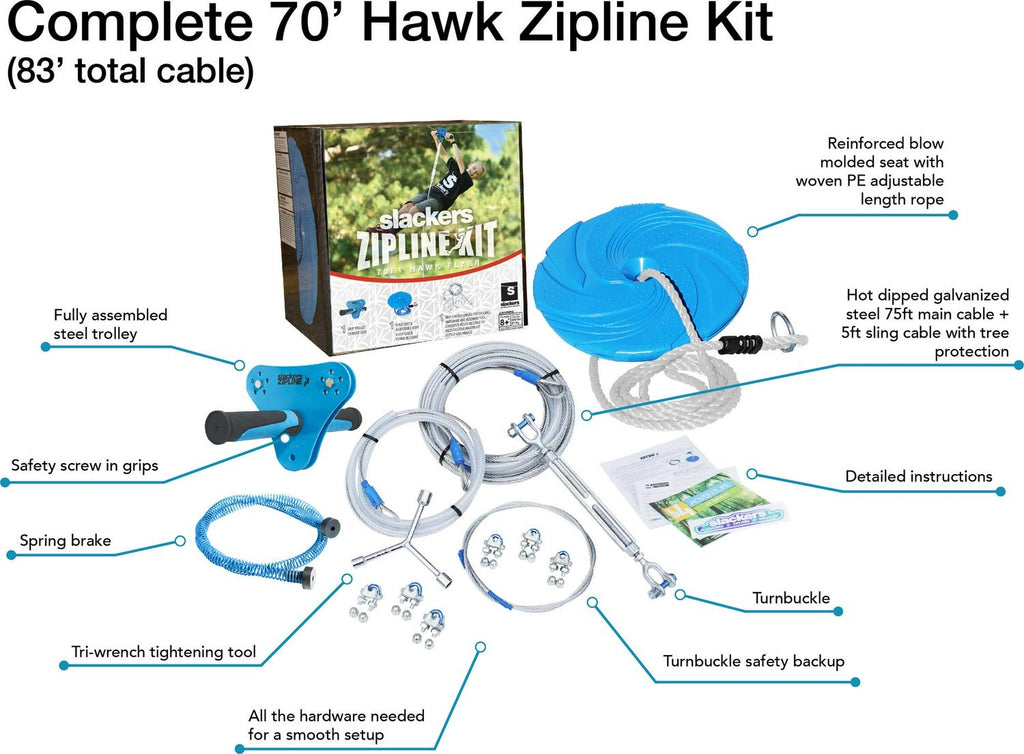 Slackers 70′ Zipline System with Seat and Bonus Spring Brake System including Premium Zip Line Safety Features