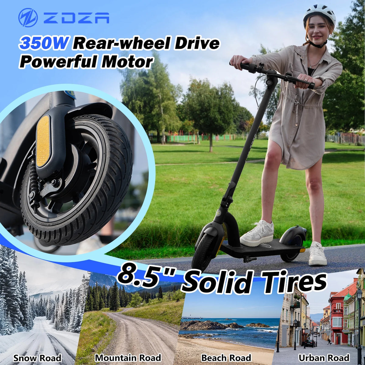 ZDZA 350W & 19MPH Electric Scooter for Adults, 12-21 Miles Range, 8.5' Foldable Escooter