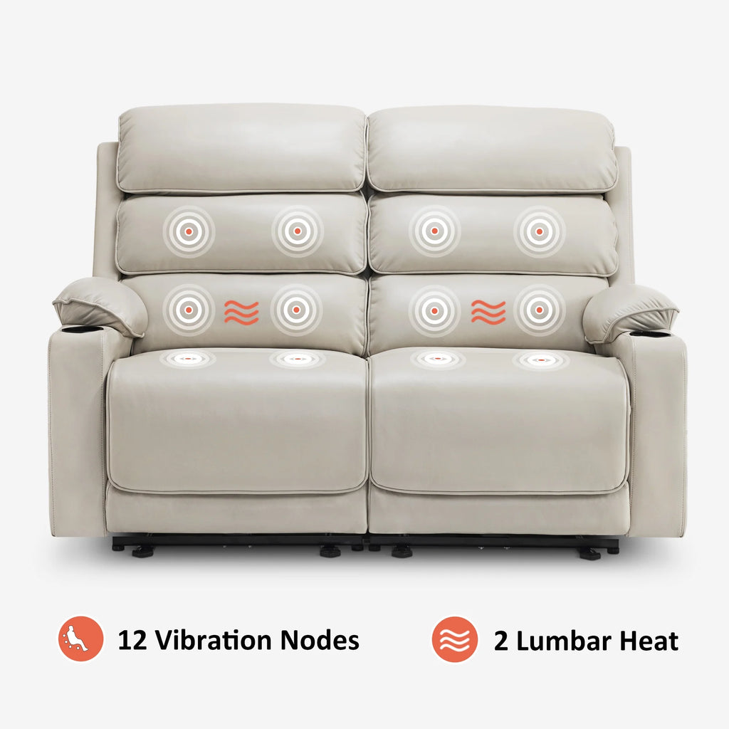 MCombo 63.4" Power Loveseat Recliner Sofa with Adjustable Headrest, Heat and Massage for Living Room, Faux Leather(Light Grey)