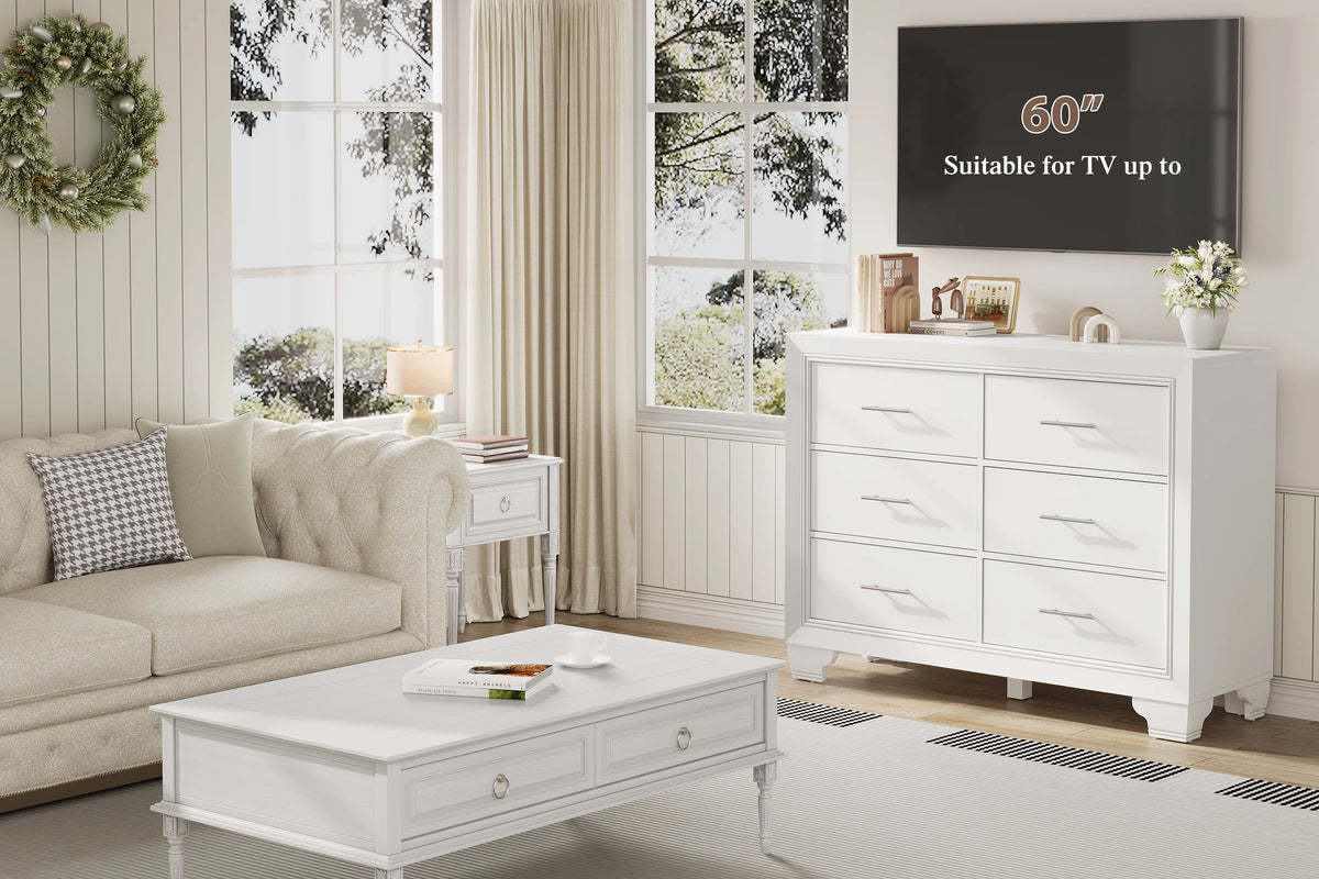 Homhougo White Dresser for Bedroom 6 Drawer, Wood Organizer Storage Cabinet with Gray Strip Drawer Door, Chest of Drawers for Closet, Living Room, Hallway, Nursery, Kids Bedroom