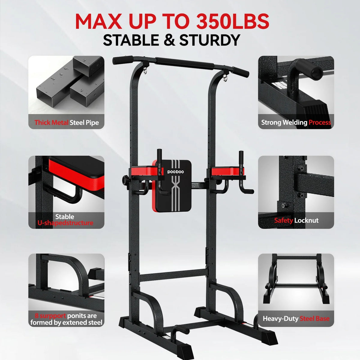 LNOW Multifunction Power Tower Pull up Bar Dip Station Power Rack with Adjustable Backrest for Home Gym Strength Training Workout Equipment Max Weight 480lbs