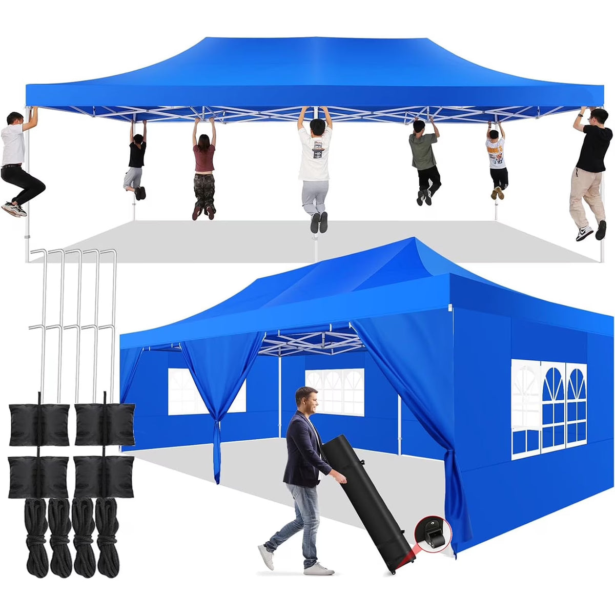 COBIZI 10x20 Heavy Duty Pop up Canopy Tent with 6 sidewalls Easy Up Commercial Outdoor Canopy Wedding Party Tent for Beach All Season Wind & Waterproof Gazebo with Roller Bag,Black(Frame Thickened)