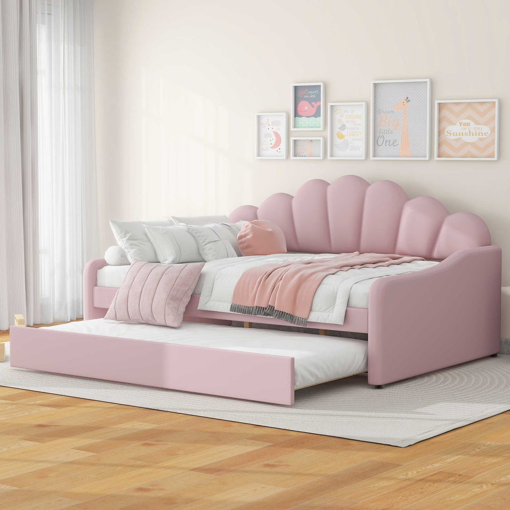 EUROCO Upholstery Full Size Platform Bed, Upholstered Daybed with Headboard and Trundle, Beige