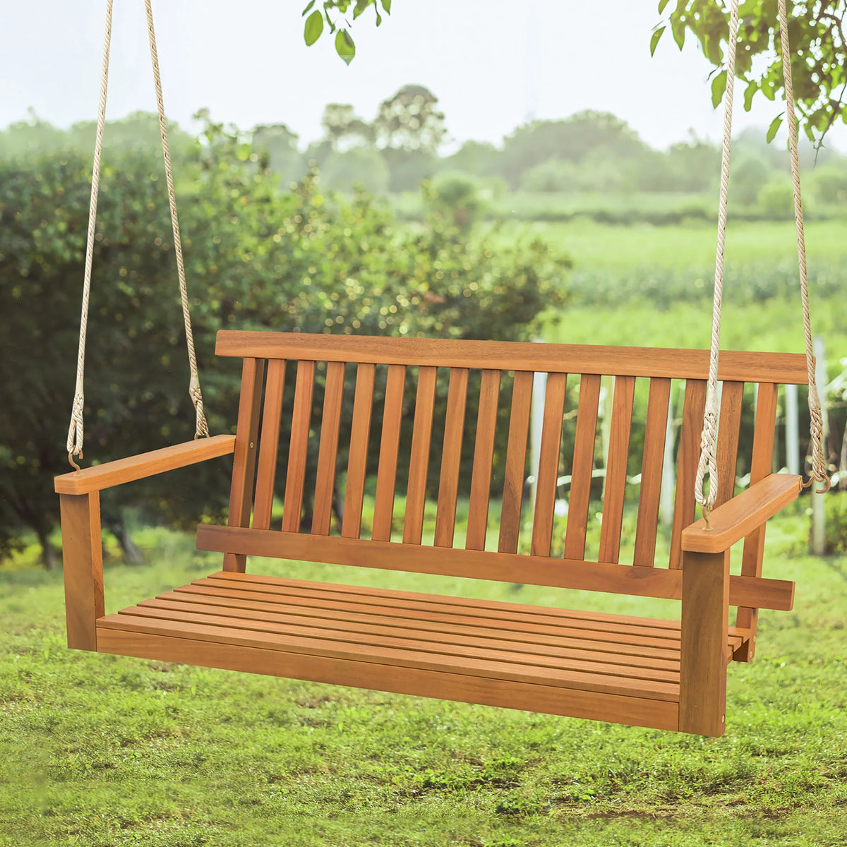 Gymax 2-Person Acacia Wood Outdoor Porch Swing Patio Hanging Bench Chair Natural