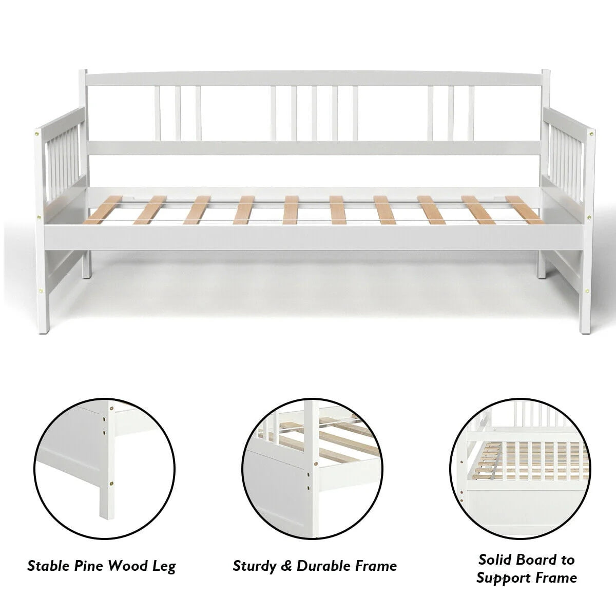 Gymax Twin Size Wooden Slats Daybed Frame Support Platform W/Rails White