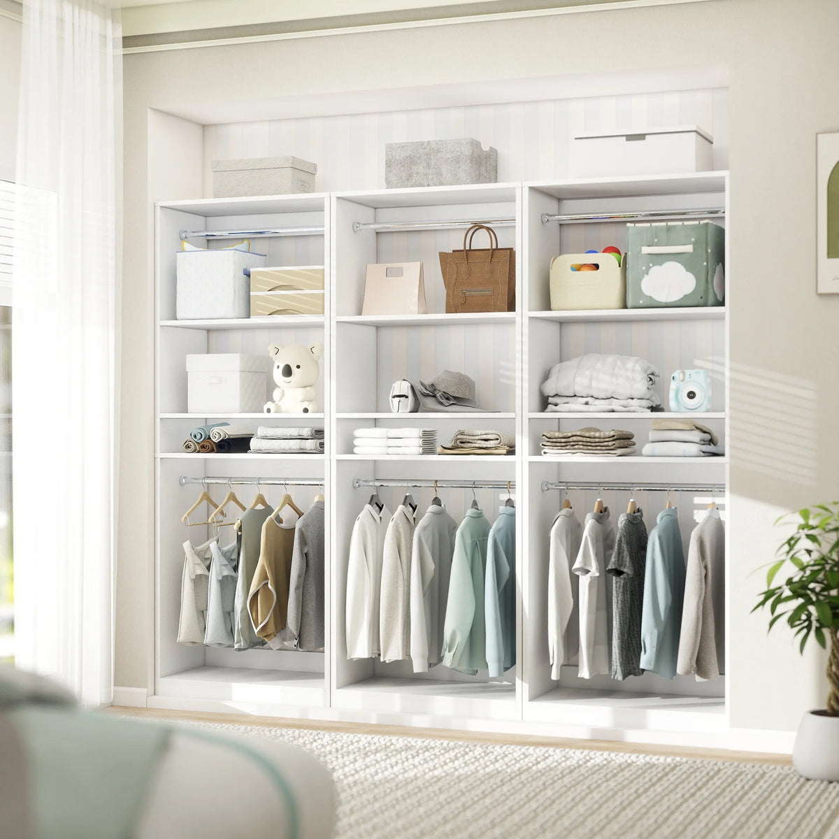 Homieasy 25�?Closet System, Freestanding Closet Organizer Wardrobe with Hanging Rods and Shelves, Adjustable Clothes Garment Rack, Sturdy Walk in Closet Tower, White
